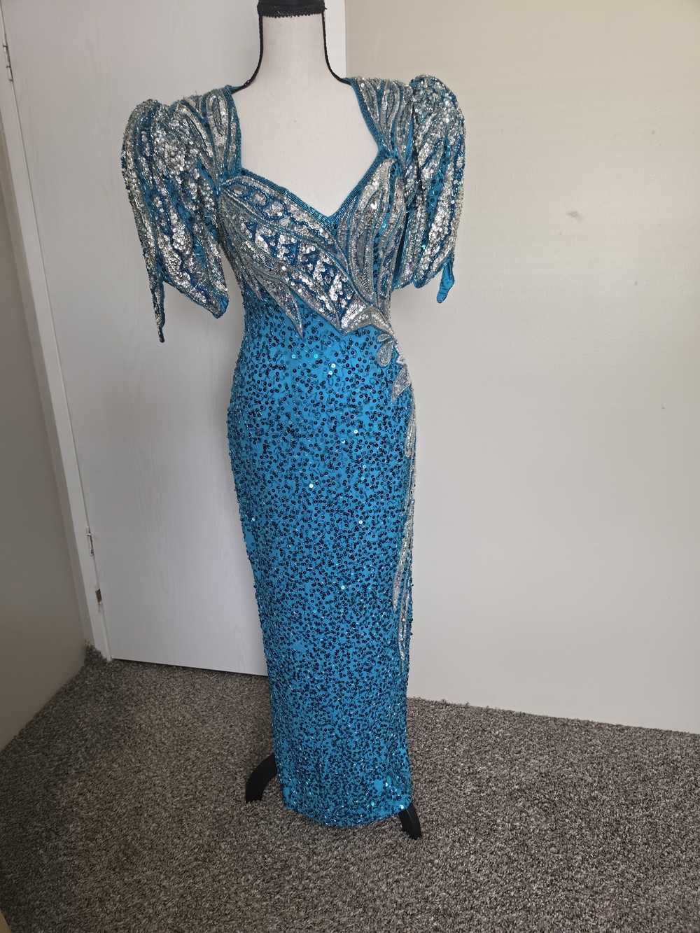 Vintage 80s 90s Alyce Designs Beaded Sequin Maxi Dress Prom Teal Blue Size 4